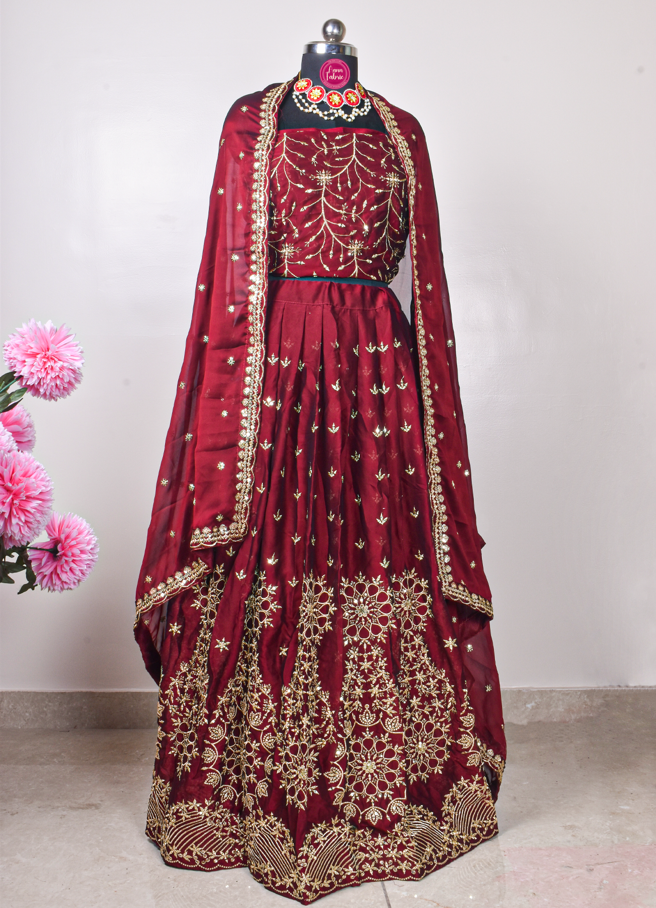 Royal Maroon Zari Embroidered Silk Lehenga Set