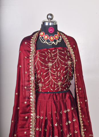 Royal Maroon Zari Embroidered Silk Lehenga Set