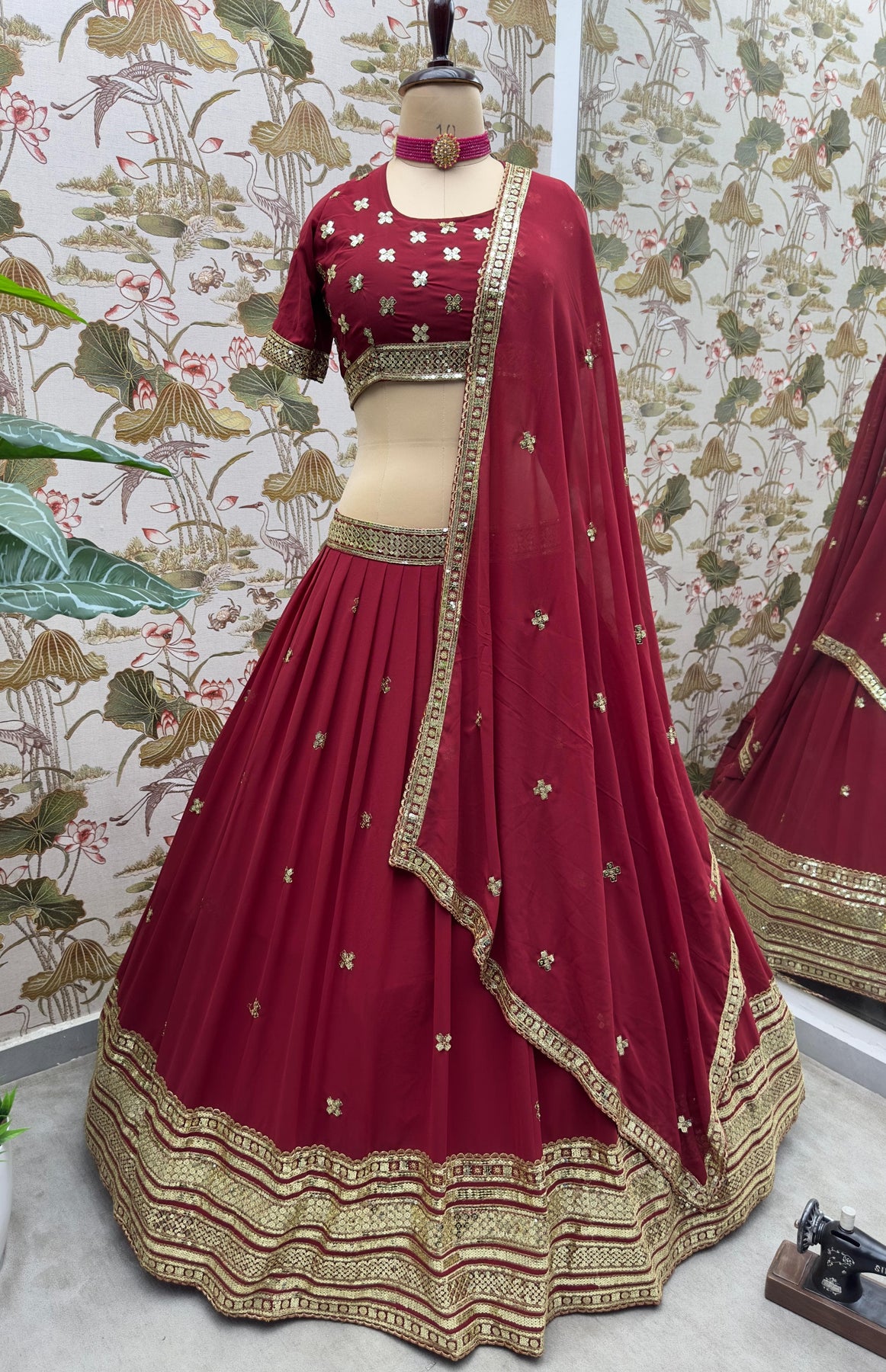 Ruby Red Embroidered Georgette Lehenga Set