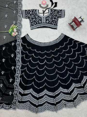 Midnight Black Embroidered Velvet Lehenga Set