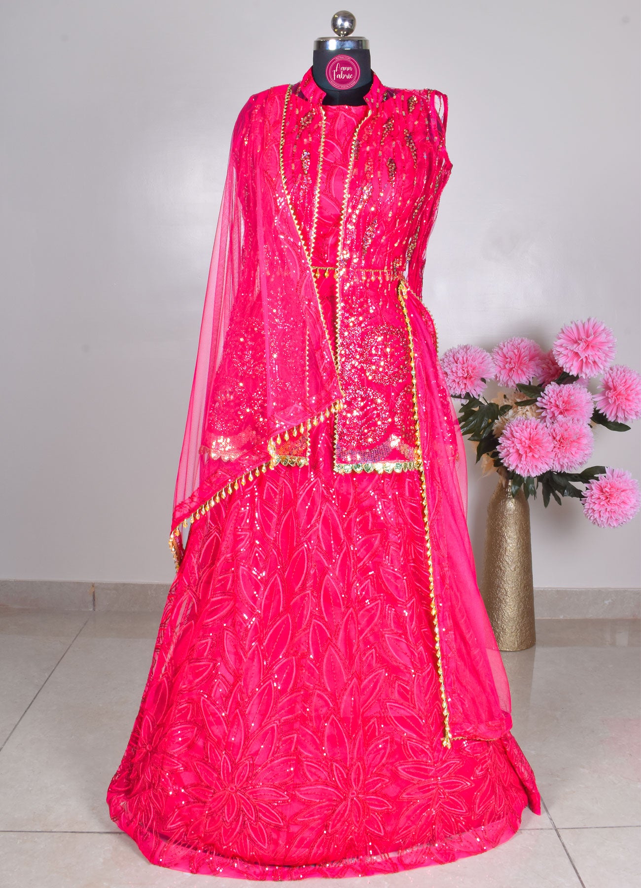 Fuchsia Pink Sequin Embroidered Net Lehenga Set