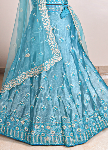 Azure Blue Mirror Work Organza Lehenga Set