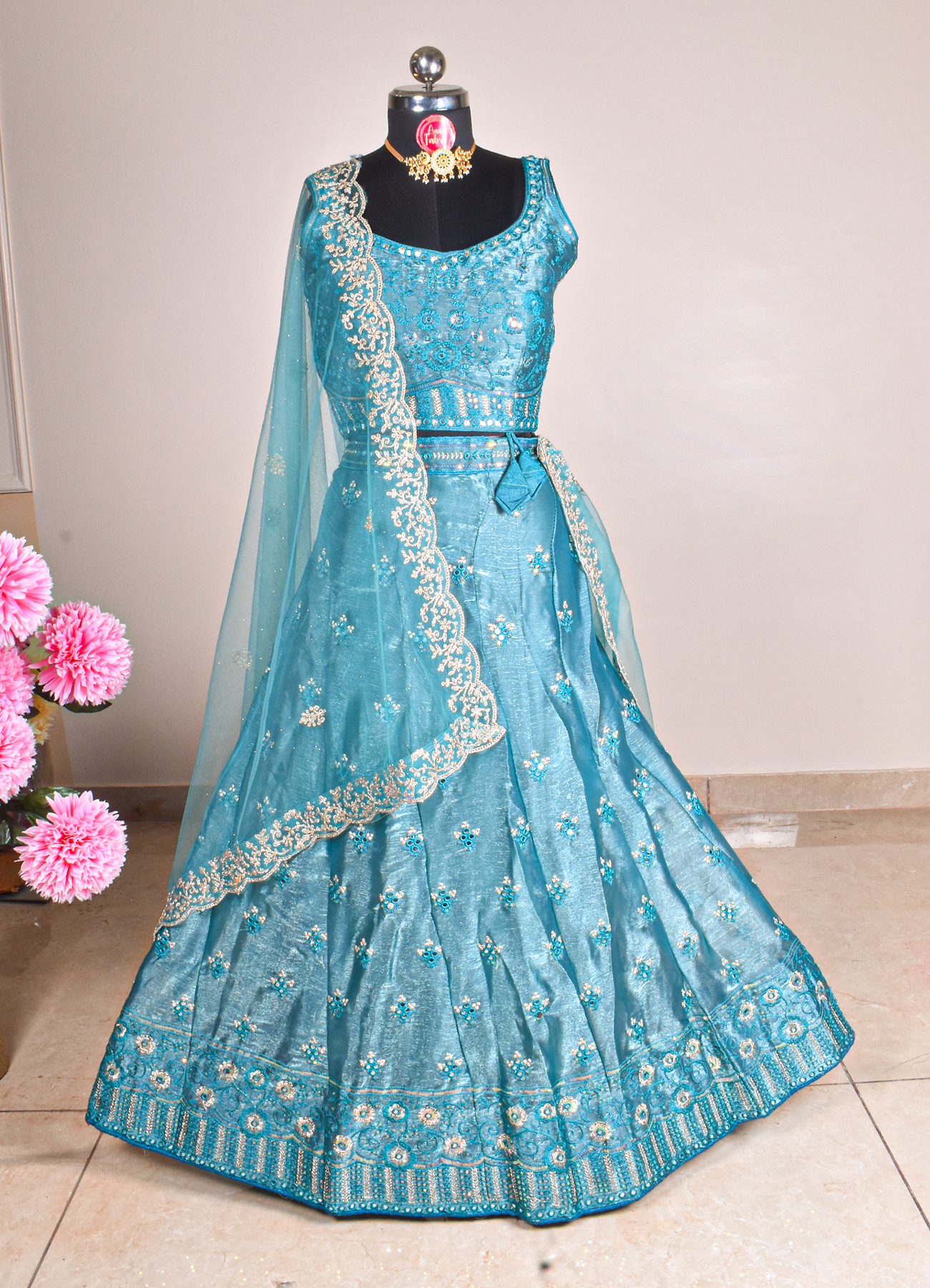 Azure Blue Mirror Work Organza Lehenga Set