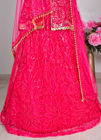 Fuchsia Pink Sequin Embroidered Net Lehenga Set