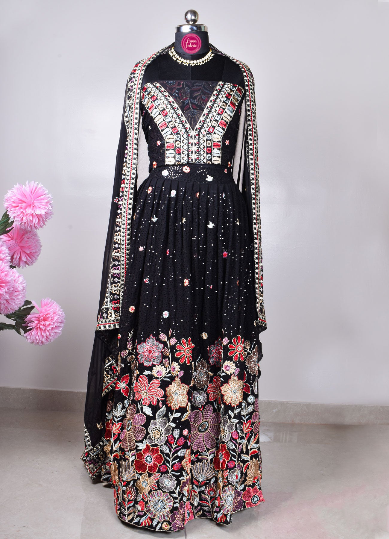 Majestic Black Floral Embroidered Velvet Lehenga Set