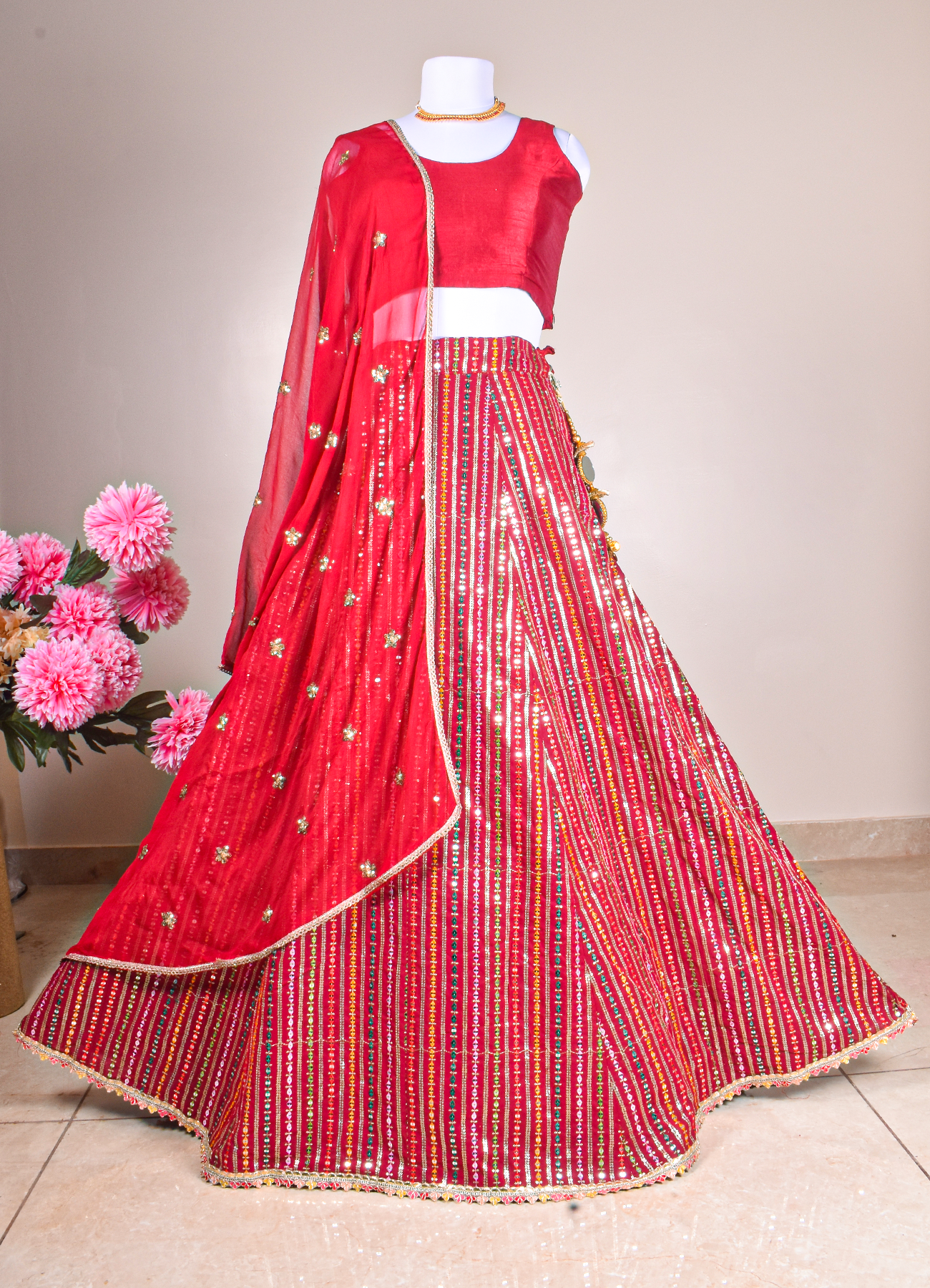 Royal Red Mirror Work Bandhani Lehenga Set