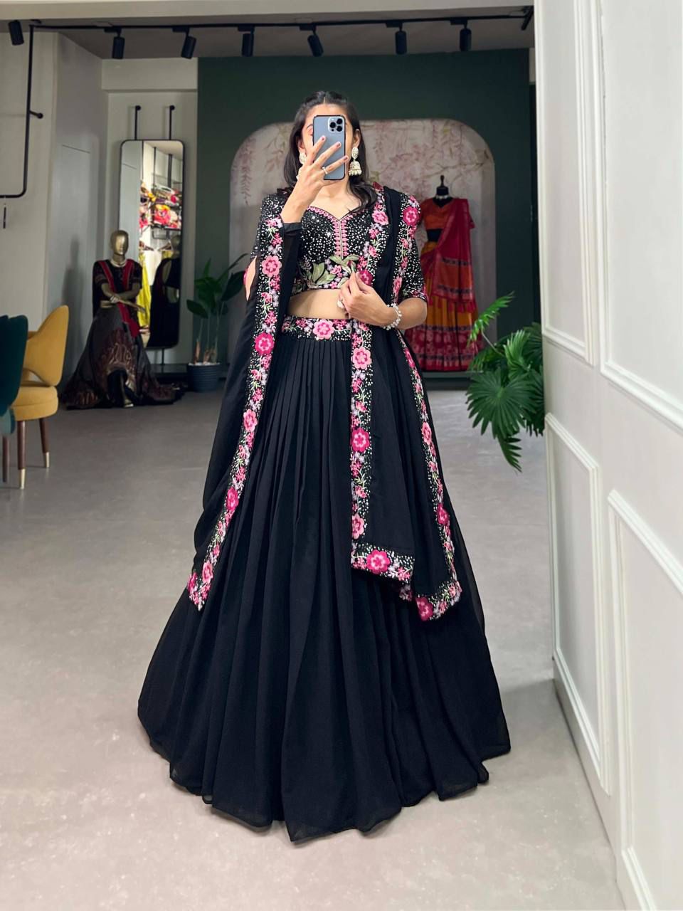 Midnight Black Floral Embroidered Georgette Lehenga Set