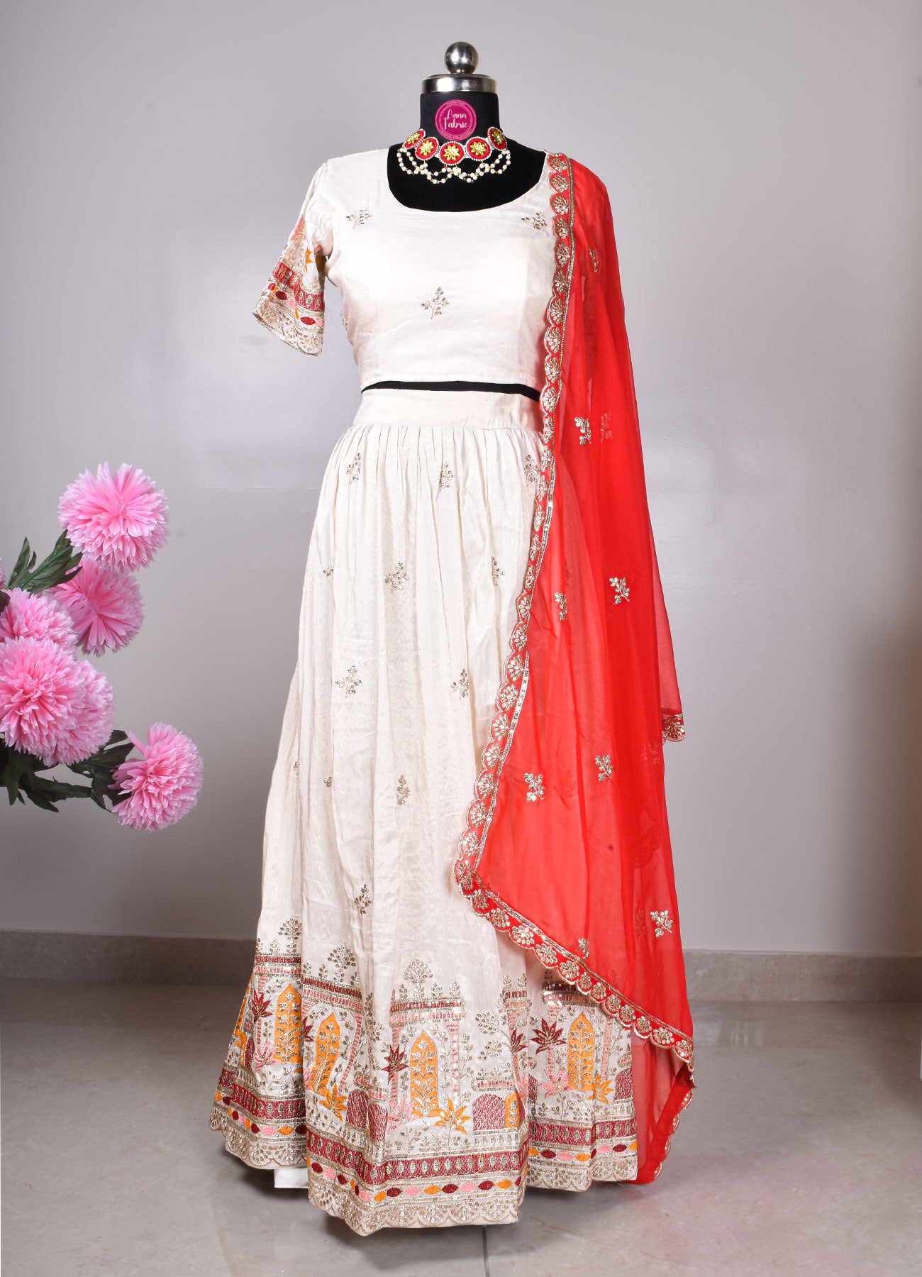 Elegant Ivory & Red Silk Embroidered Lehenga Set