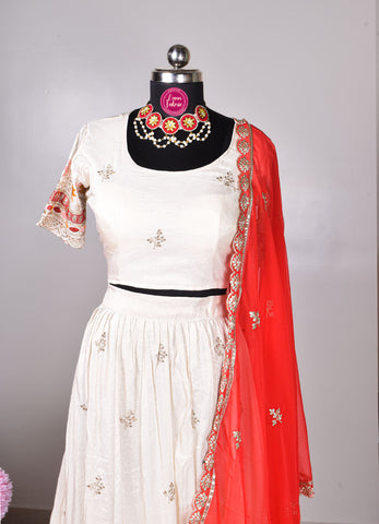 Elegant Ivory & Red Silk Embroidered Lehenga Set