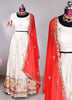 Image of Elegant Ivory & Red Silk Embroidered Lehenga Set