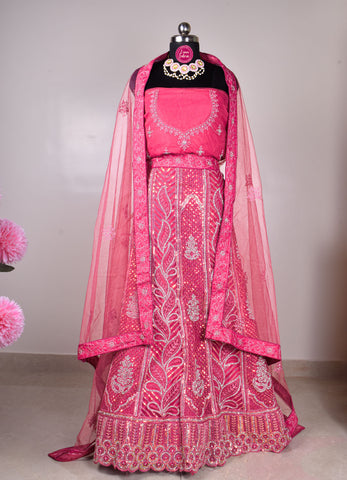 Majestic Pink Hand-Embroidered Net Lehenga Set